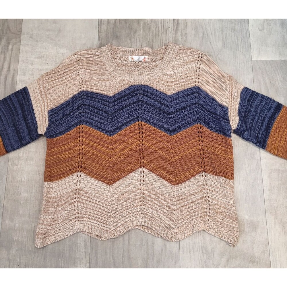 FCT With Love Chevron Crochet Cropped Knit Sweater Women's XL Boxy Beige Blue - Picture 2 of 8